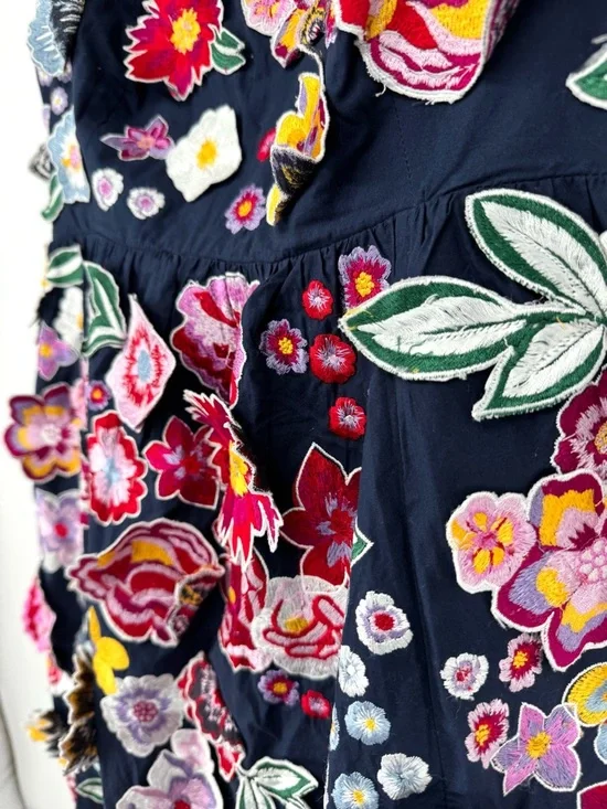 Anthropologie 3D Floral Embroidered Babydoll Mini Dress Navy Size Large - Picture 4 of 11